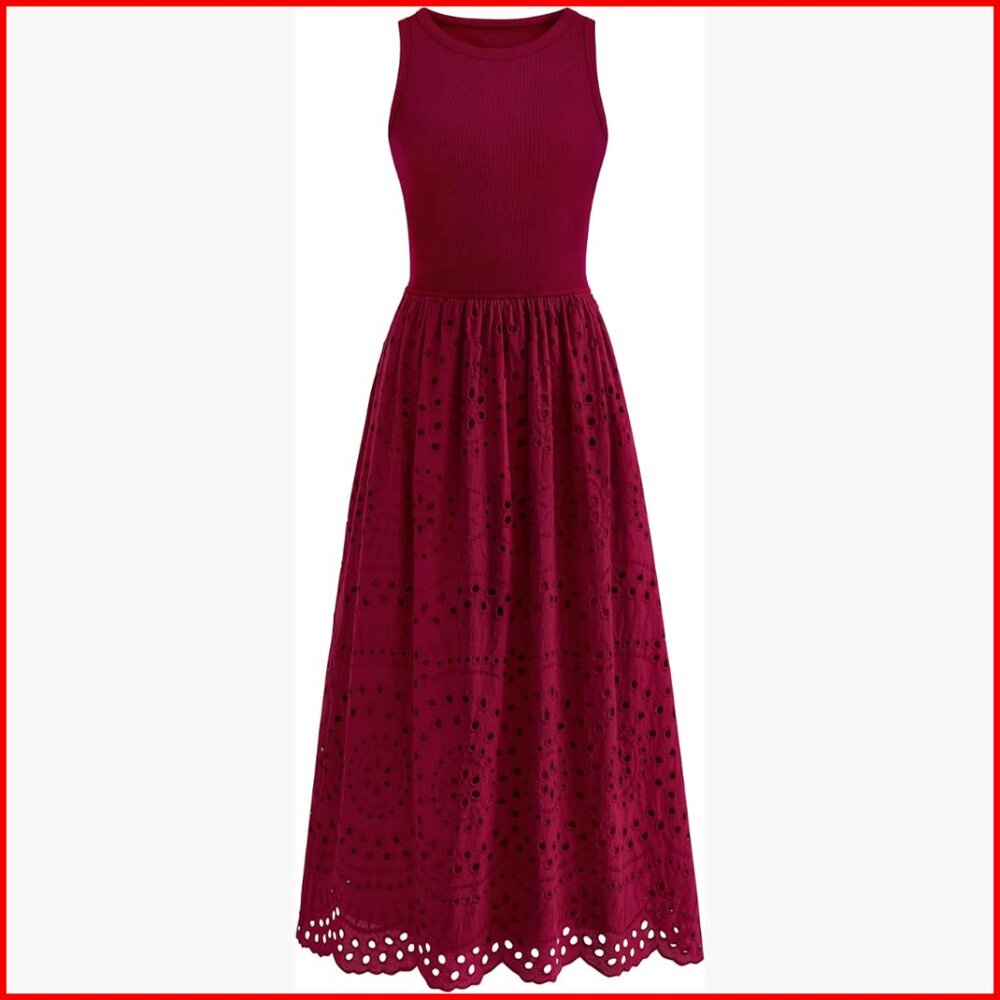 Sleeveless A-Line Maxi Dress with Pockets, Lace Eyelet, Cotton Blend